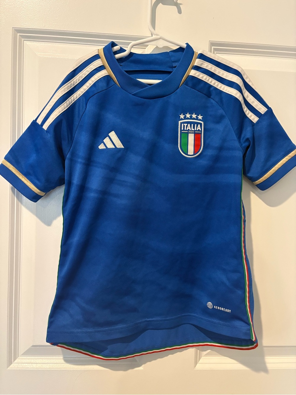 adidas Kids Italy Blue Soccer Jersey with White & Gold Trim